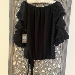 NWT. XS. Vince Camuto Full Harmony Black Ruffled Tie Front Blouse